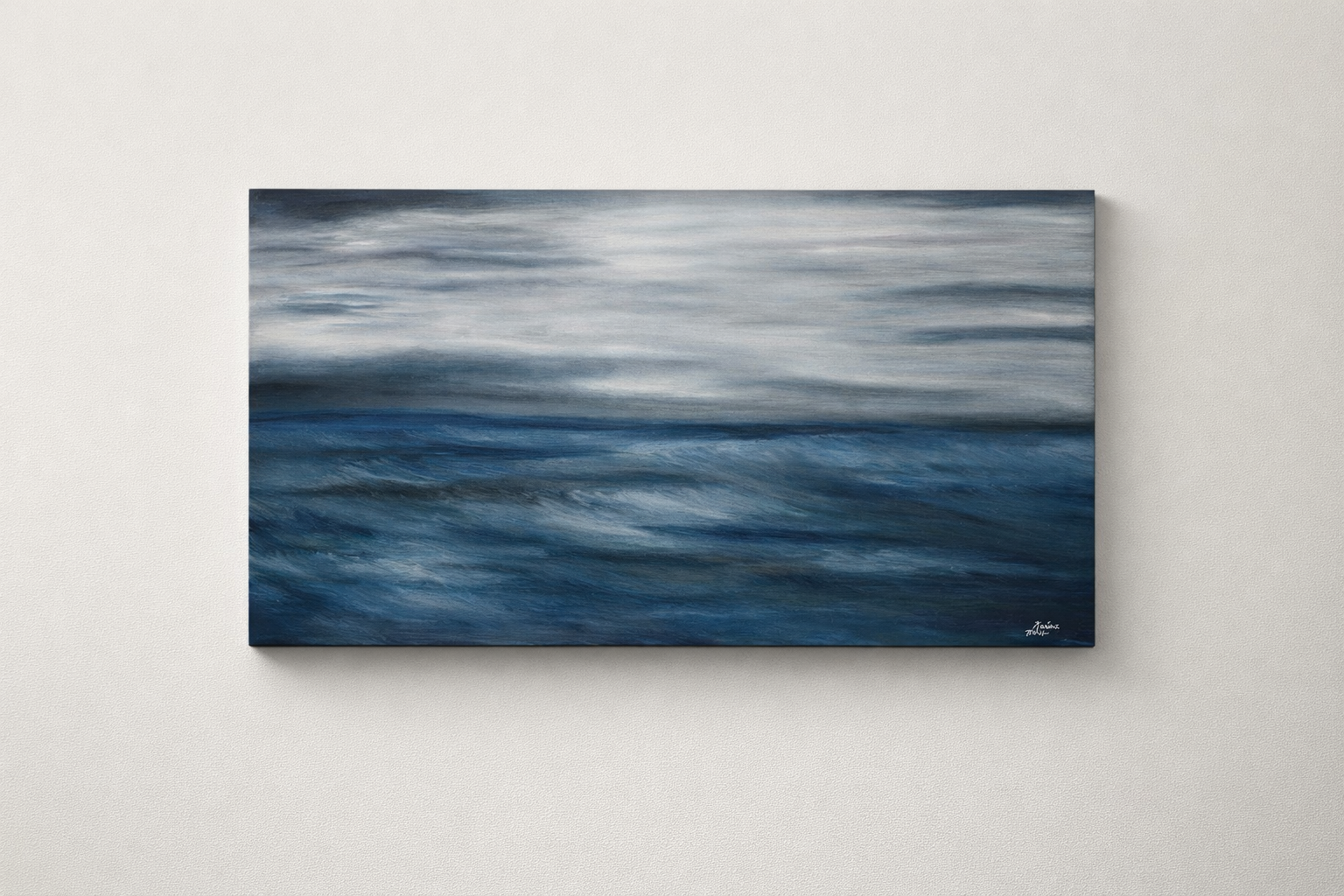 The Weight of Water — A horizon dissolves beneath a sky that cannot quite decide whether to break or to hold. The sea moves in long, restless breaths — not violent, but heavy with memory — as if carrying something unspoken just below the surface. Light struggles through the cloud cover in muted bands, brushing the water with a quiet, silvered tension. This is not a moment of storm, nor of calm, but the suspended space between — where emotion gathers, deepens, and waits.