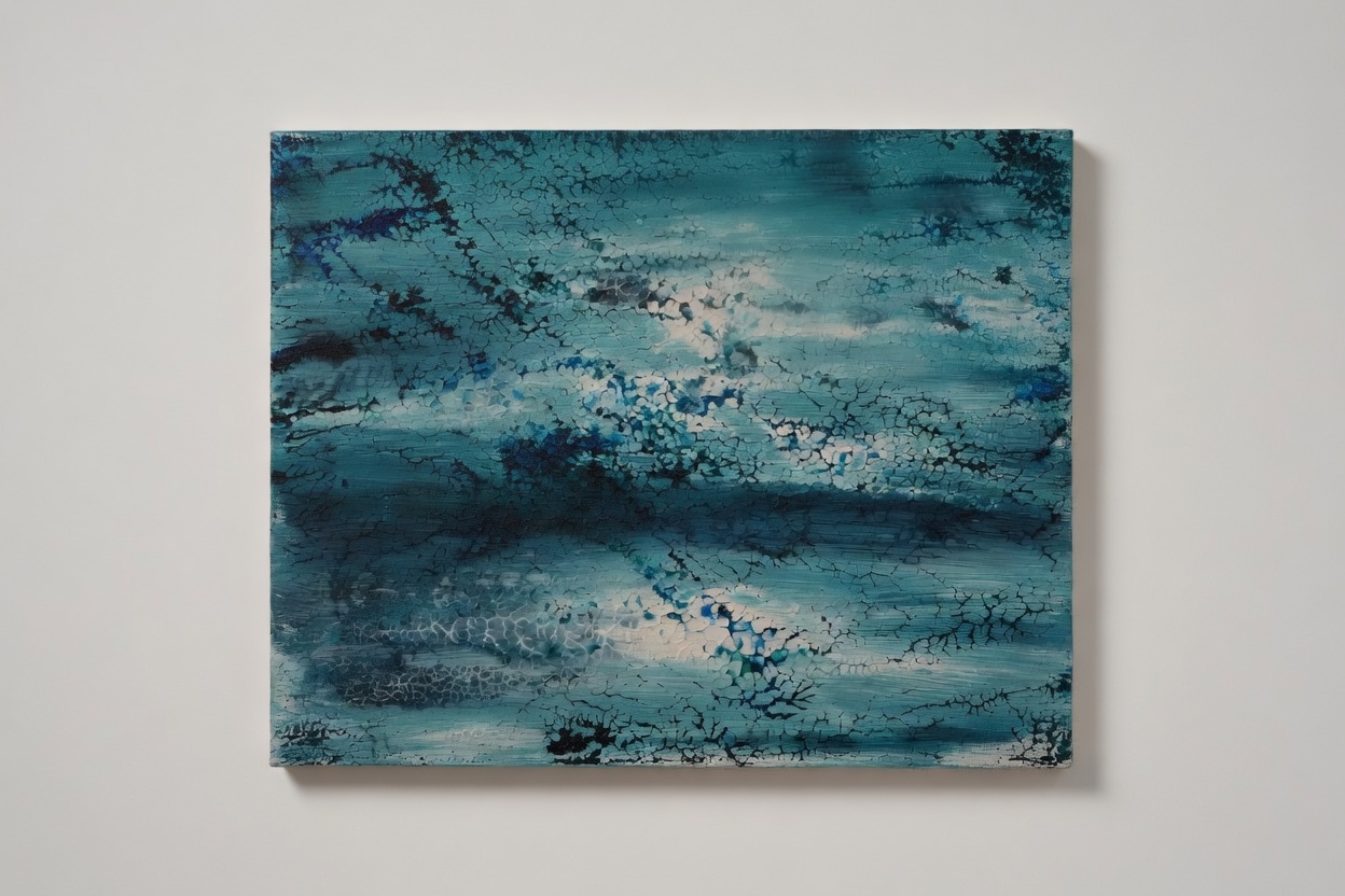 Fractured Azure — A restless sea of deep teal and cyan shatters across the canvas in delicate craquelure, evoking the tension between calm surface and hidden turbulence beneath.