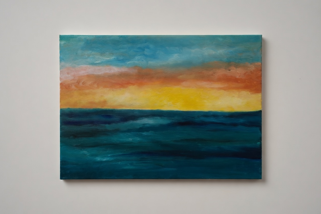 he Last Hour of Amber — In the suspended hush before dusk claims the world, a single, radiant band of pure yellow-gold ignites the horizon. Below, the ocean holds its breath in velvety ultramarine and teal; above, tender streaks of peach and rose linger like a memory. Painted with deliberate, tactile strokes, the canvas becomes both mirror and window—an elegy for light that is already slipping away.