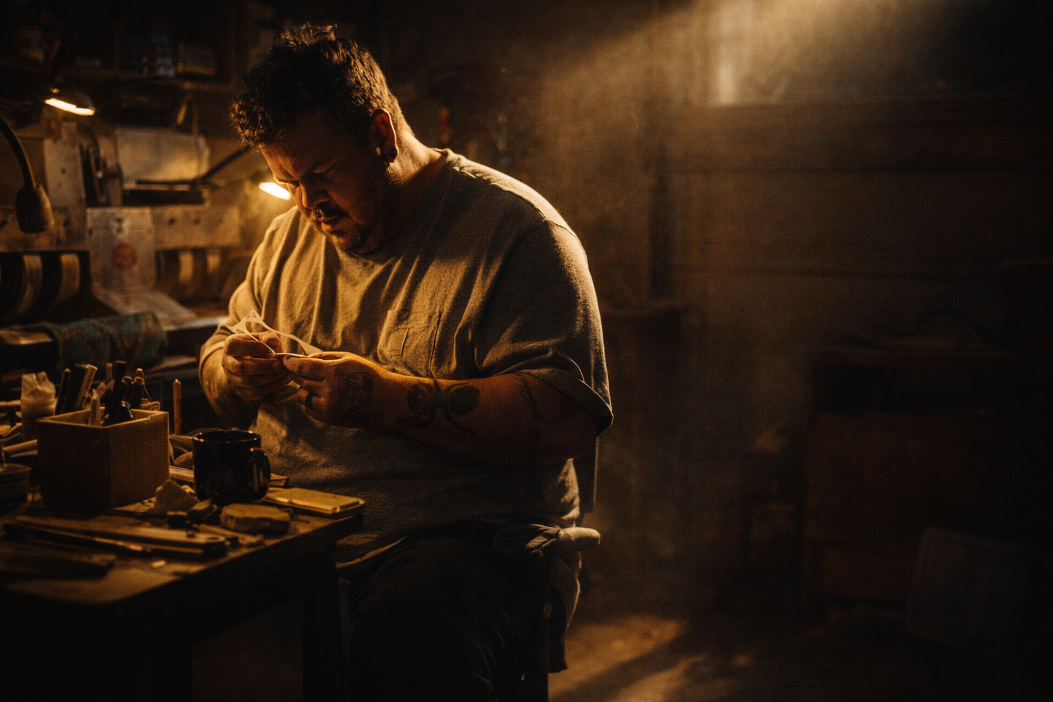 The Artist at Work — Luke carefully studies each stone to decide what the stone wants to be
