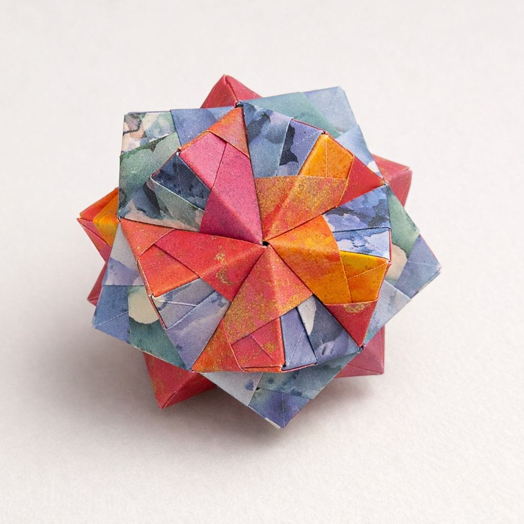 Chromatic Convergence — A quiet explosion of color held in perfect tension, Chromatic Convergence transforms simple folded paper into a radiant, geometric bloom. Each facet catches and refracts hue like a miniature spectrum—warm ember tones colliding with cool marbled blues—suggesting motion within stillness. At its core, a single point gathers the energy of every fold, evoking the delicate balance between precision and spontaneity, where craft becomes something almost elemental.